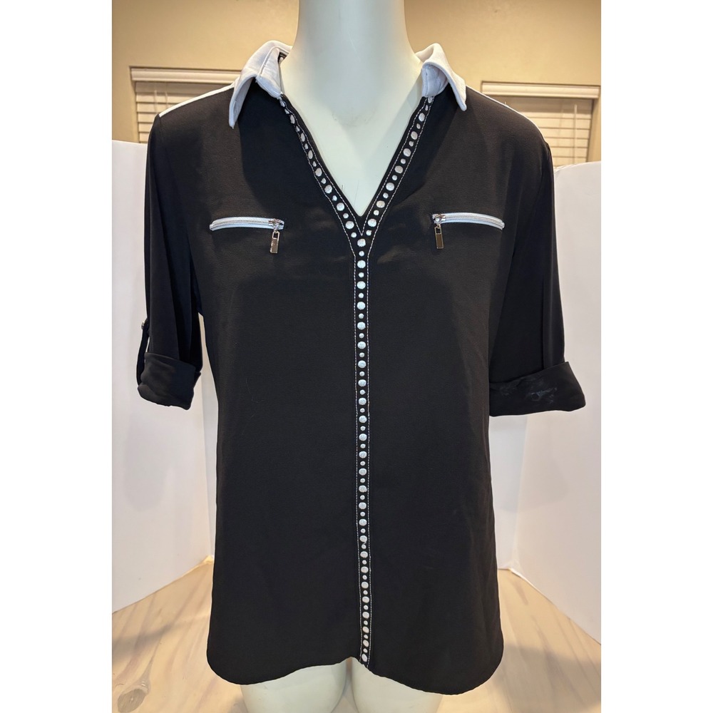 Nygard Women Black White Studded Trim Roll Tab Sleeve V-Neck Top Petite SZ PM/M